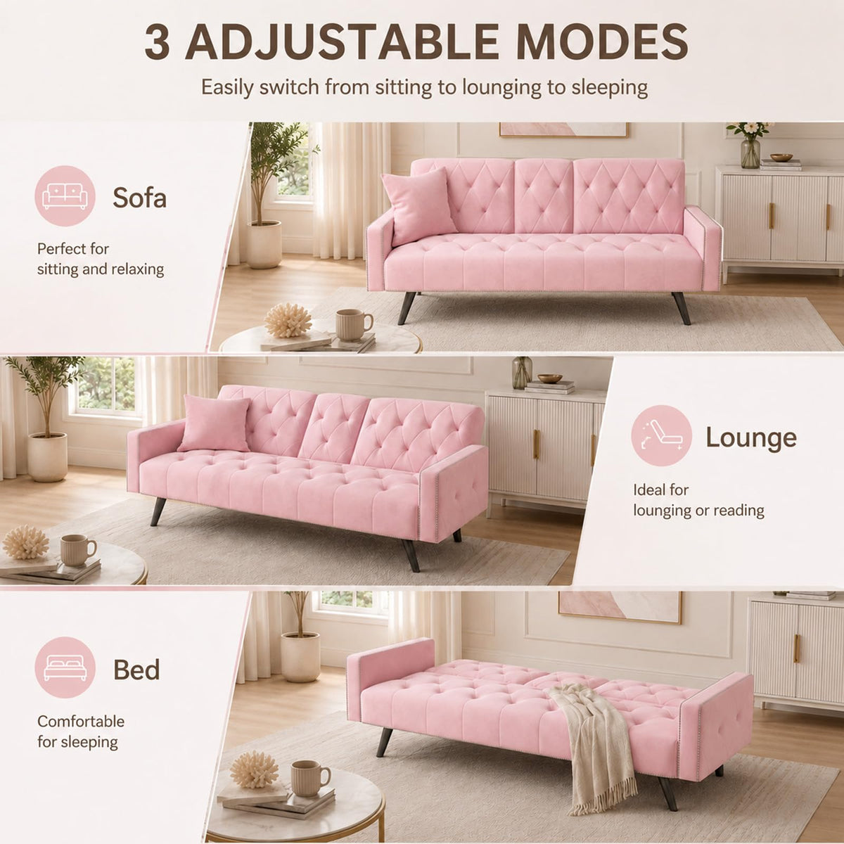 Pink Velvet 2 in 1 Futon Sofa Bed N8470