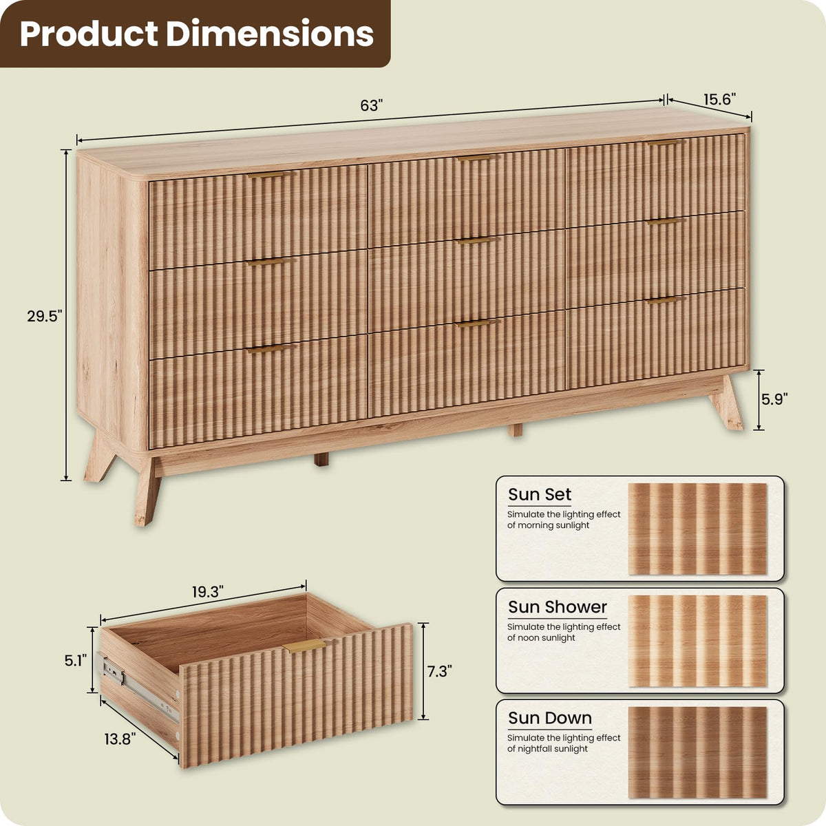 63" Wide Fluted 9 Drawers Oak Dresser P334761