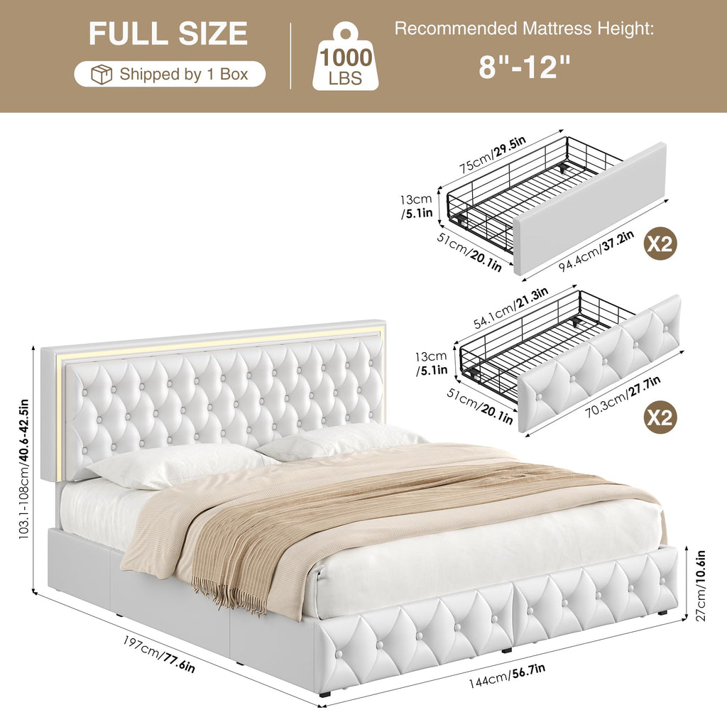 White Full Size LED Bed Frame with 4 Storage Drawers and Adjustable Headboard J206142