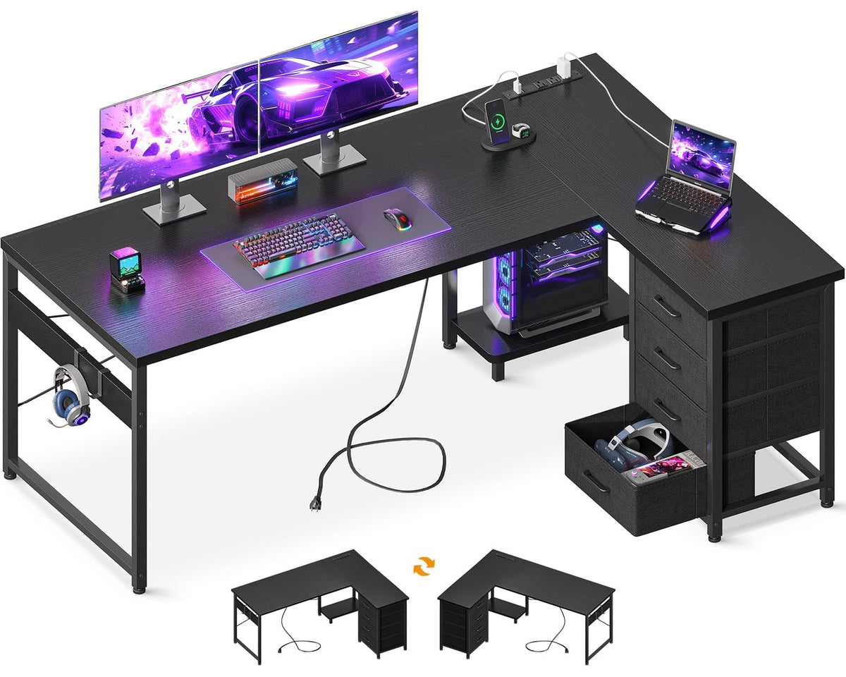 61" L Shaped Gaming Desk with 4 Drawers and Power Outlets, Black D540