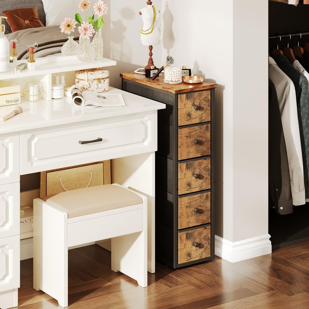 Narrow 5 Fabric Drawers Rustic Brown Dresser Y9063