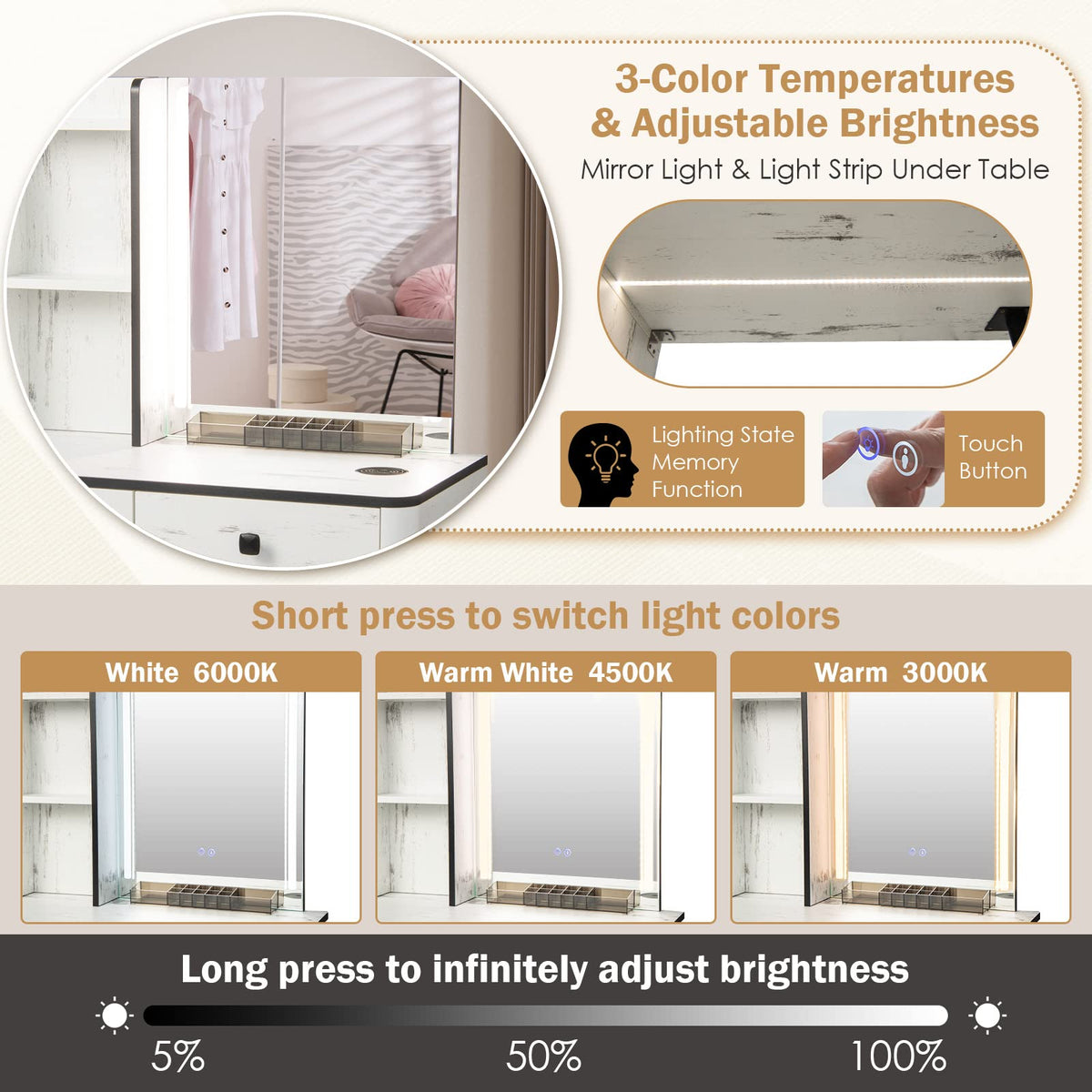 Makeup Vanity Table with Lighted Mirror and Stool Z773