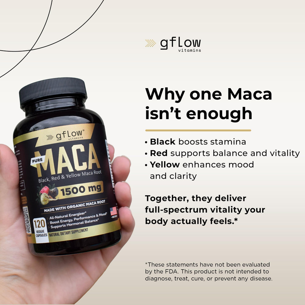 Organic Maca Root Capsules - Black, Red, Yellow Peruvian Maca Root Extract & Black Pepper - 120 Vegan Pills S712