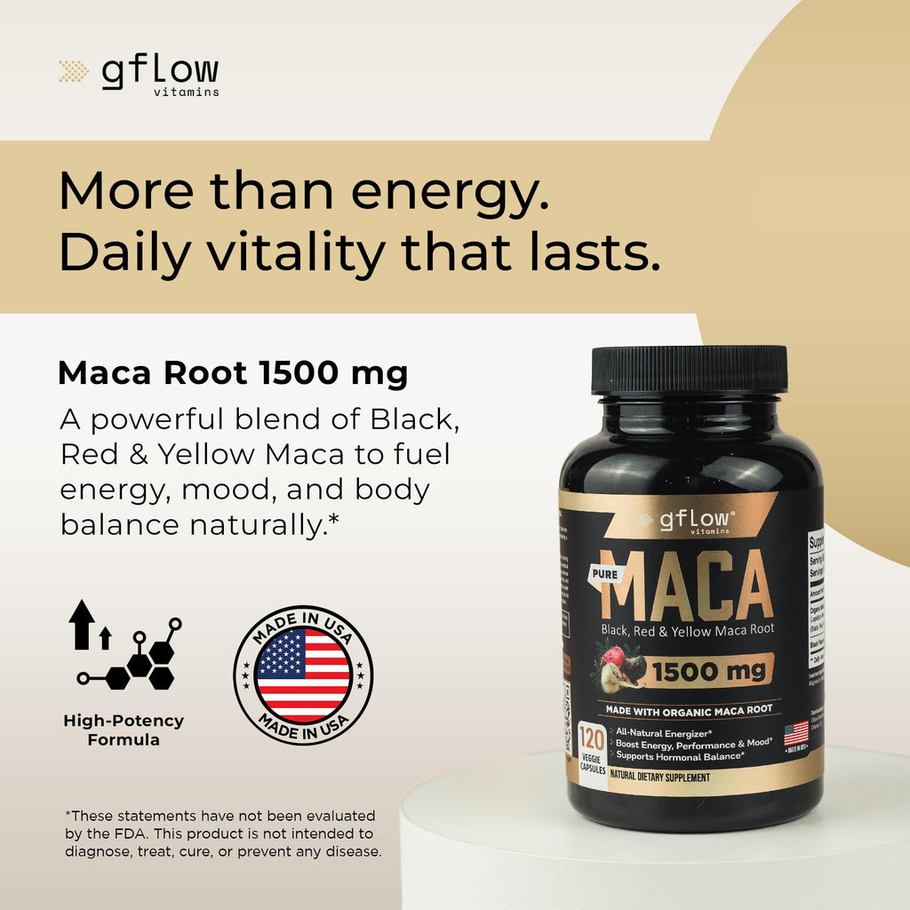 Organic Maca Root Capsules - Black, Red, Yellow Peruvian Maca Root Extract & Black Pepper - 120 Vegan Pills S712