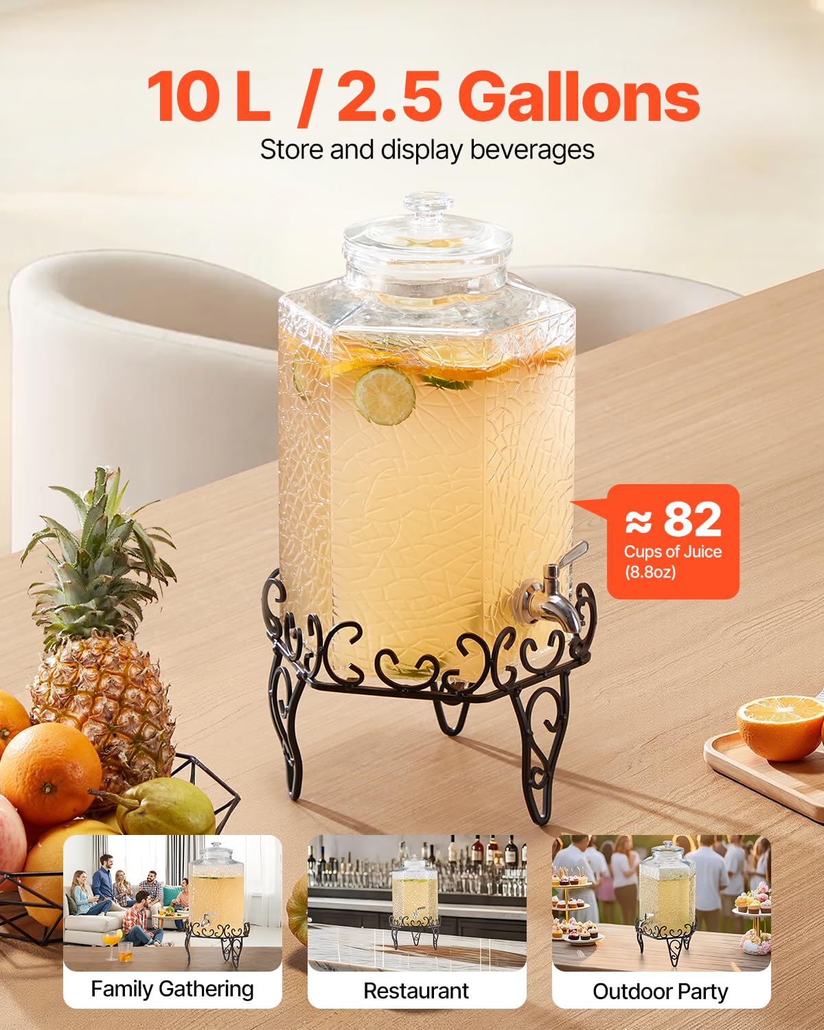 2.5 Gallon Glass Beverage Dispenser with Metal Stand A6754