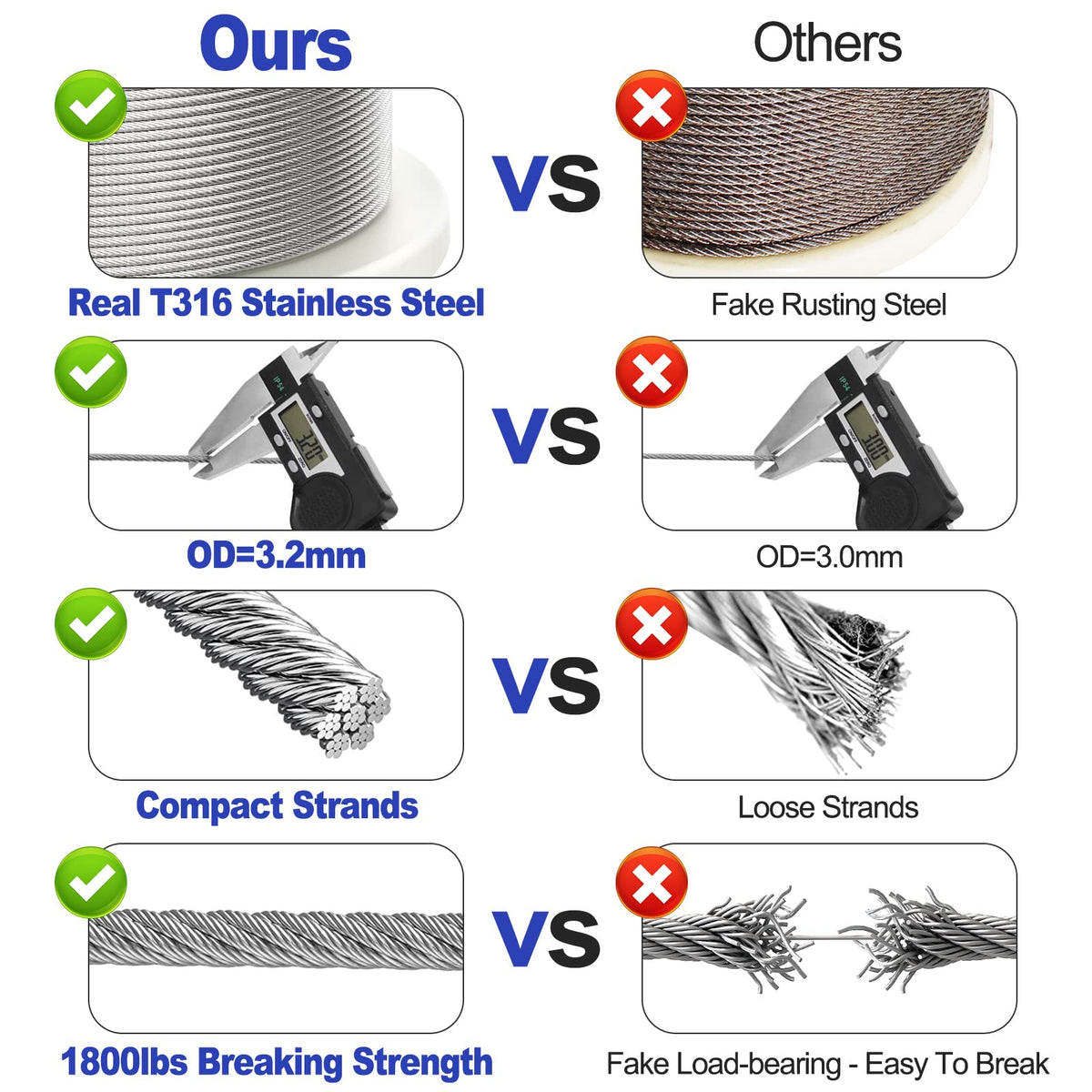 1/8" Stainless Steel Wire Rope Cable 7x7 Strands A85452