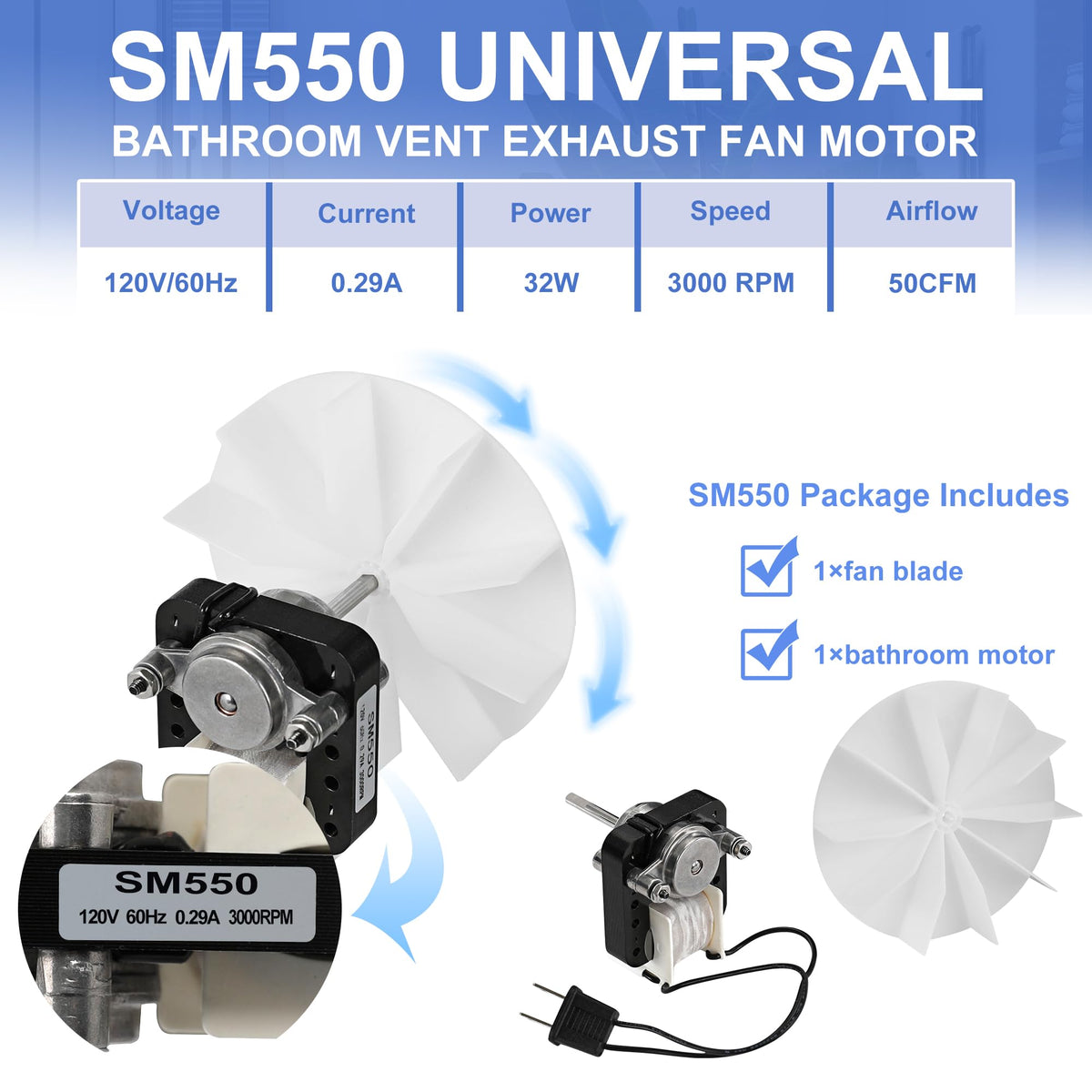 Bathroom Exhaust Fan Motor Replacement Kit 50CFM 120V K124954