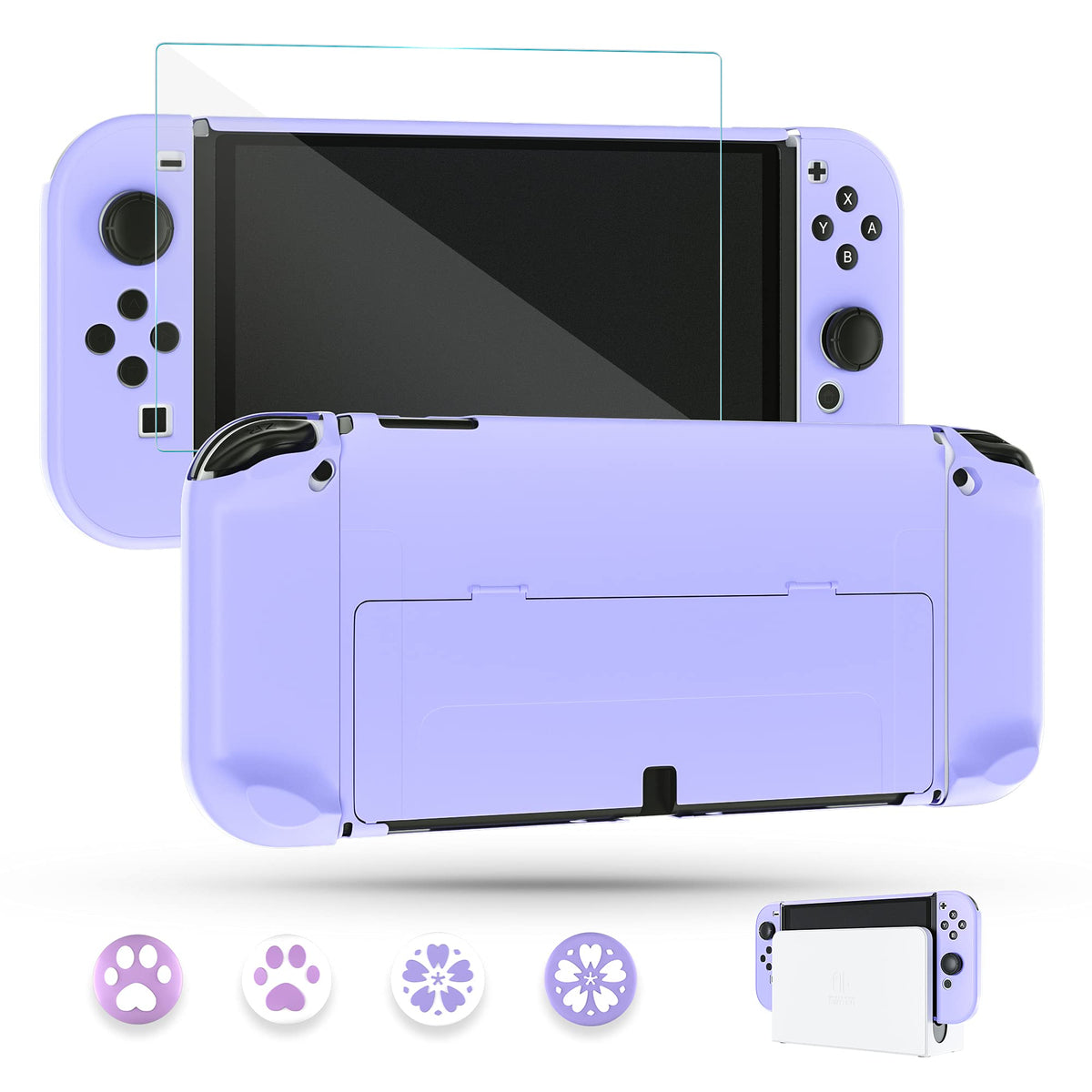 Purple Case for Nintendo Switch OLED Model with Screen Protector and 4 Thumb Grip Caps P509