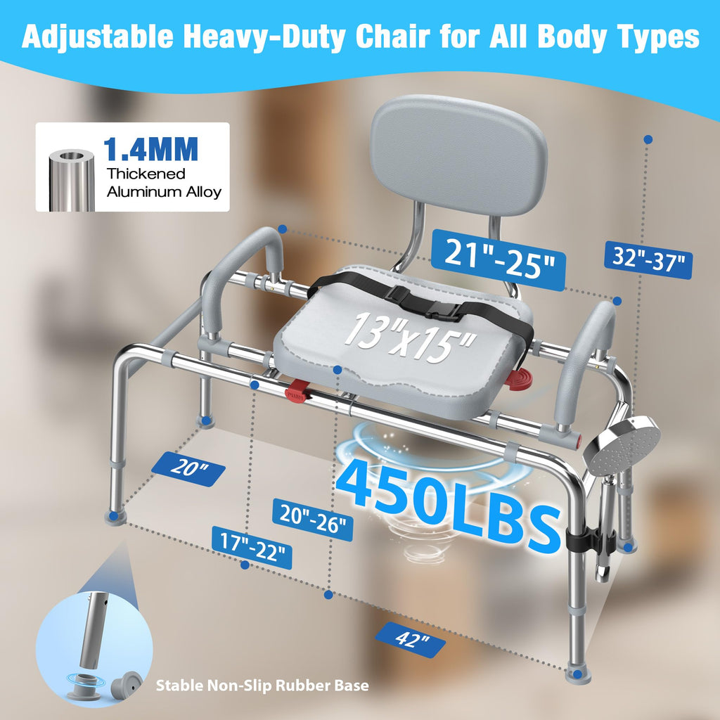 Sliding Shower Chair Tub Transfer Bench with Swivel Seat, 450lbs, Adjustable Height, Gray Q571889