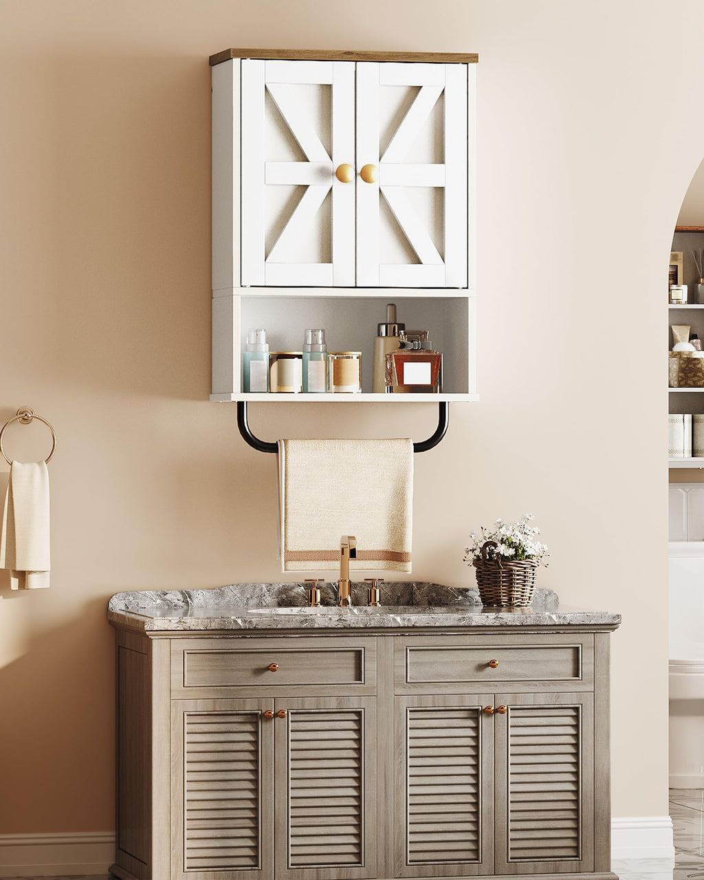 White and Walnut Bathroom Wall Cabinet with Towel Bar Z664990