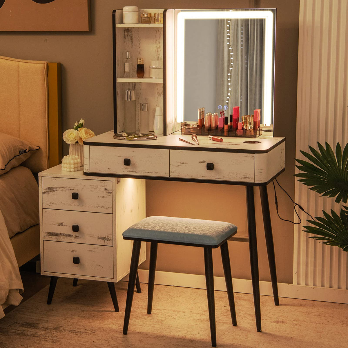 Makeup Vanity Table with Lighted Mirror and Stool Z773