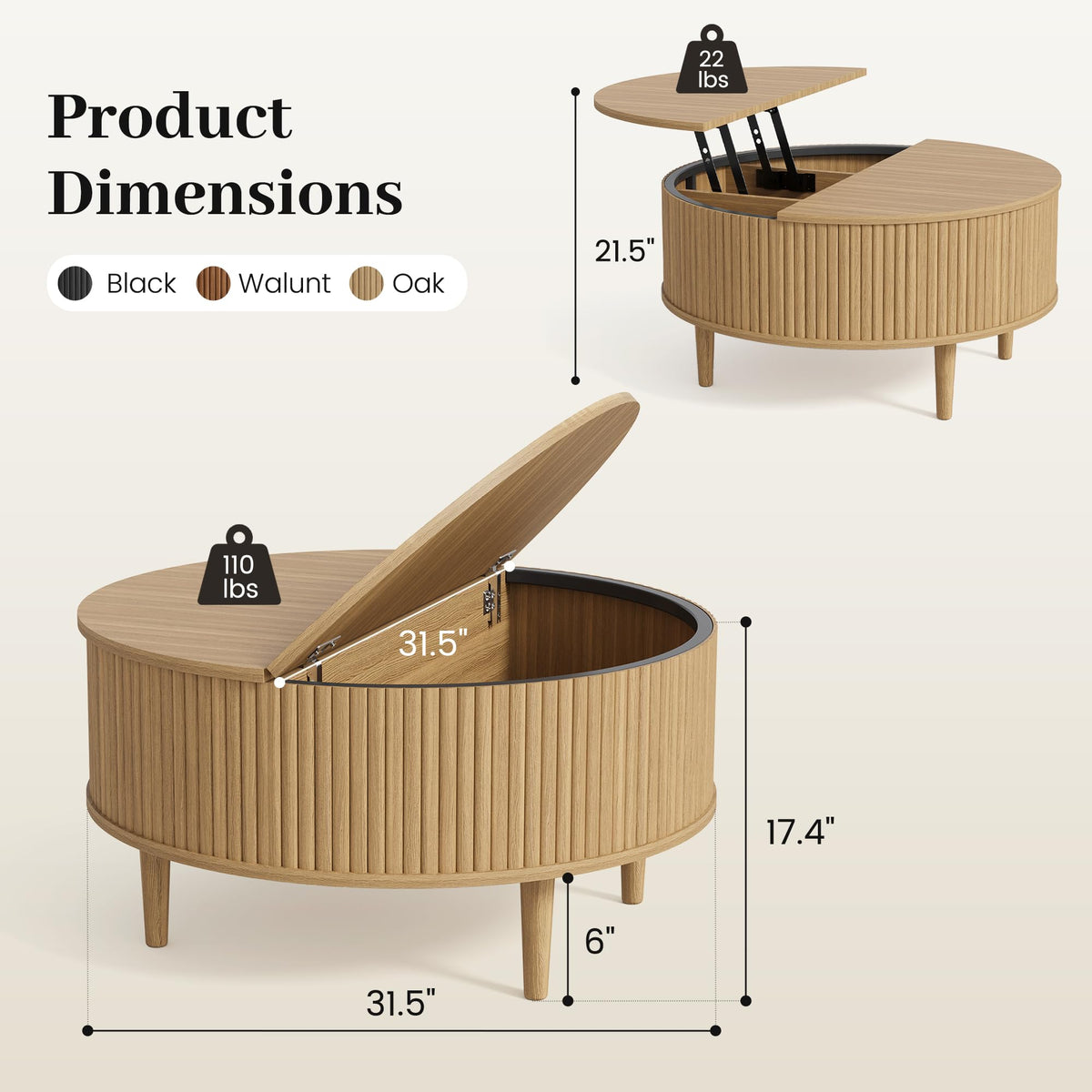 31.5" Round Lifting Top Coffee Table with Storage X1291