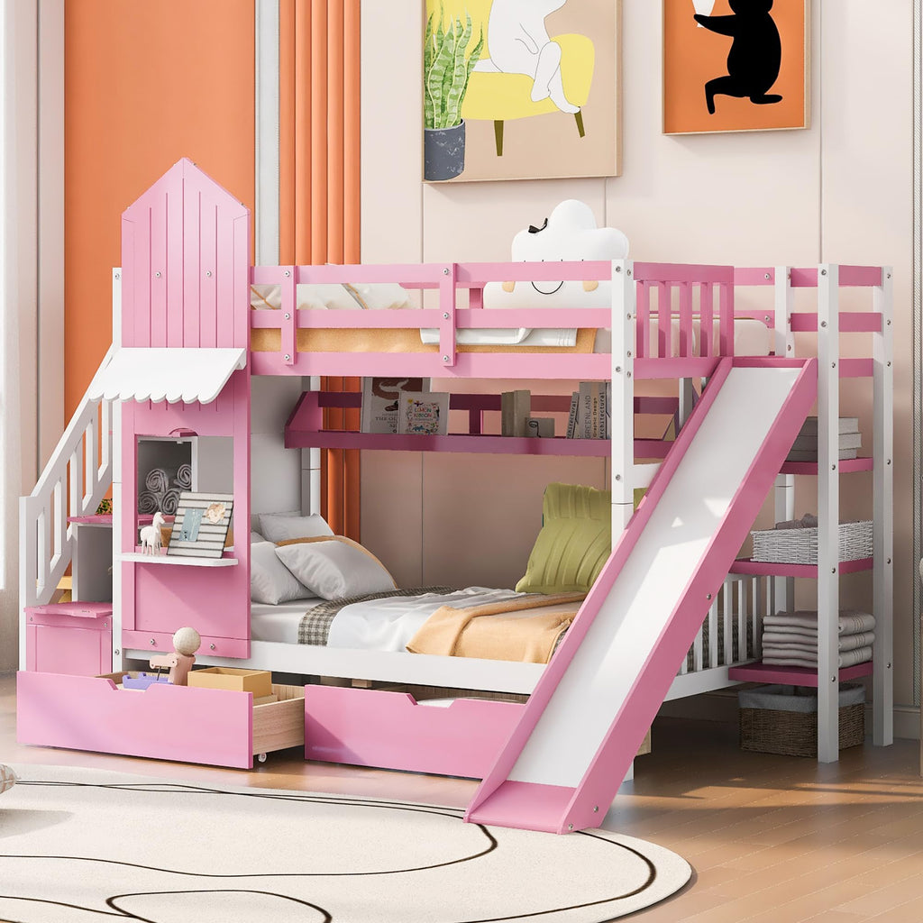 Twin Over Twin Bunk Bed with Slide, 2 Drawers & 3 Shelves I23749
