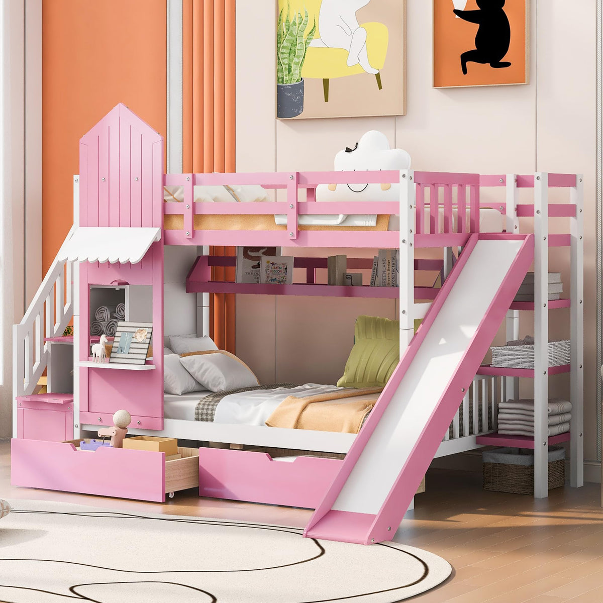 Twin Over Twin Bunk Bed with Slide, 2 Drawers & 3 Shelves I23749