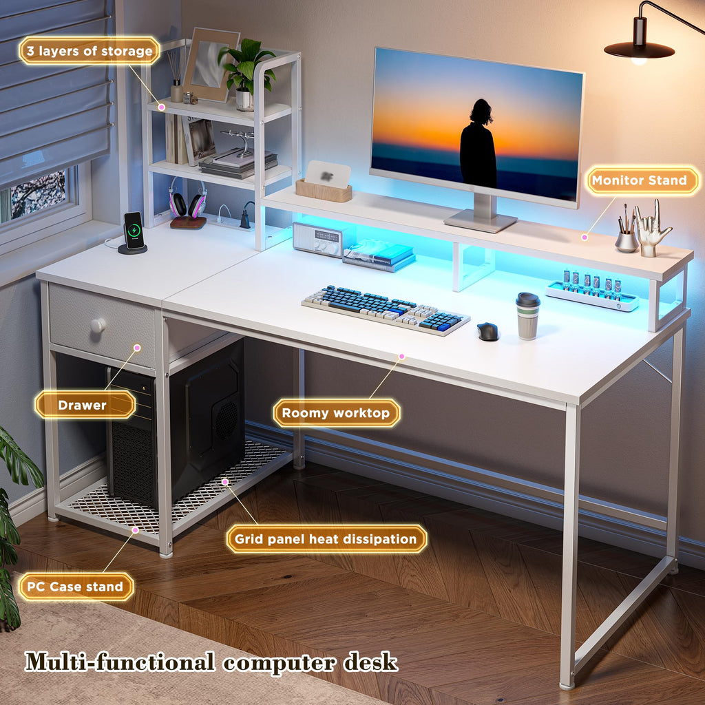 44" White Gaming Desk with Hutch & Shelves S135