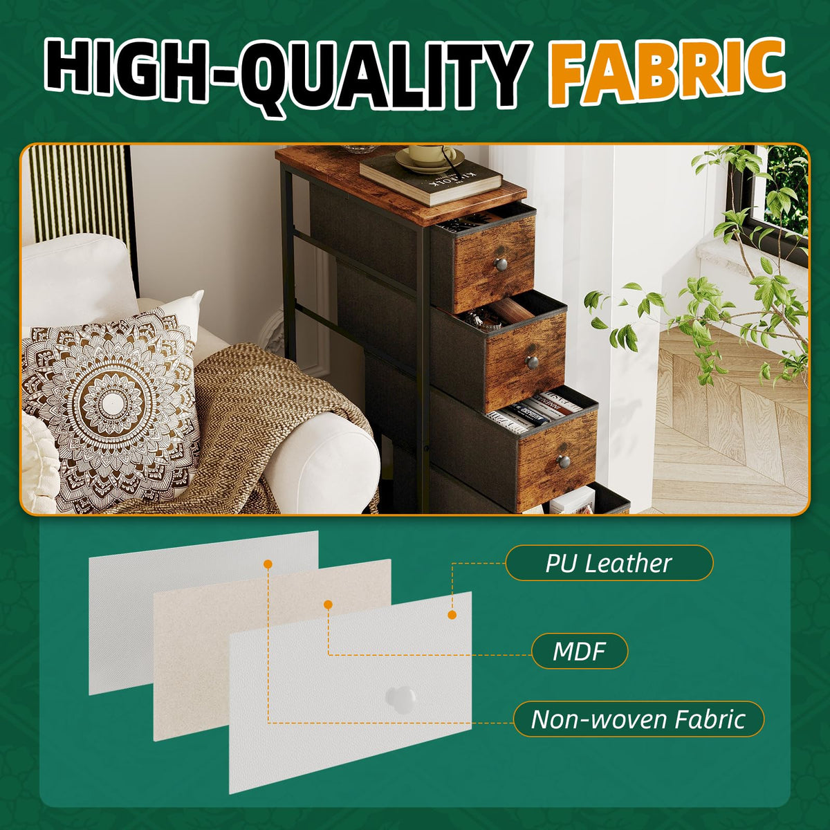 Narrow 5 Fabric Drawers Rustic Brown Dresser Y9063