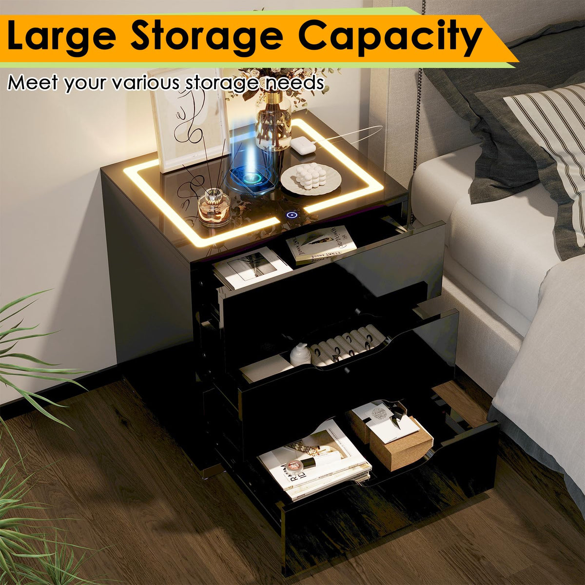 LED Nightstand with Wireless Charging Station 3 Drawers A511391