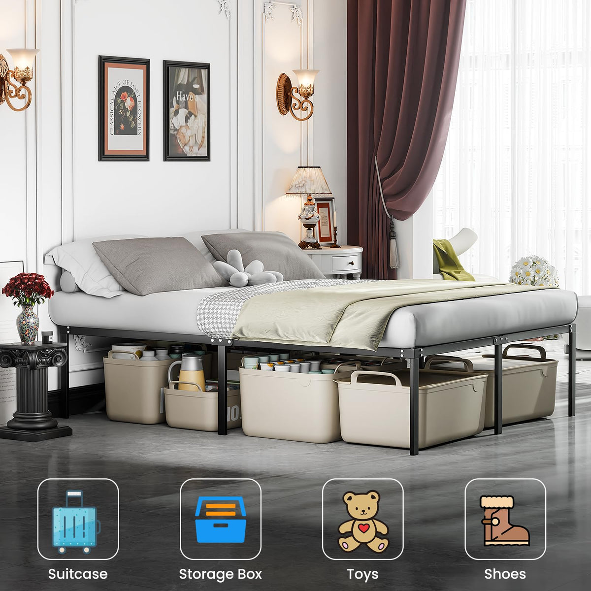 Queen 18 Inch Heavy Duty Metal Platform Bed Frame with Under Bed Storage I777
