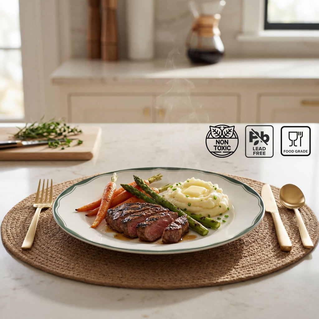 12-Piece Porcelain Dinnerware Set for 4, White & Sage Green Plates and Bowls Set S302