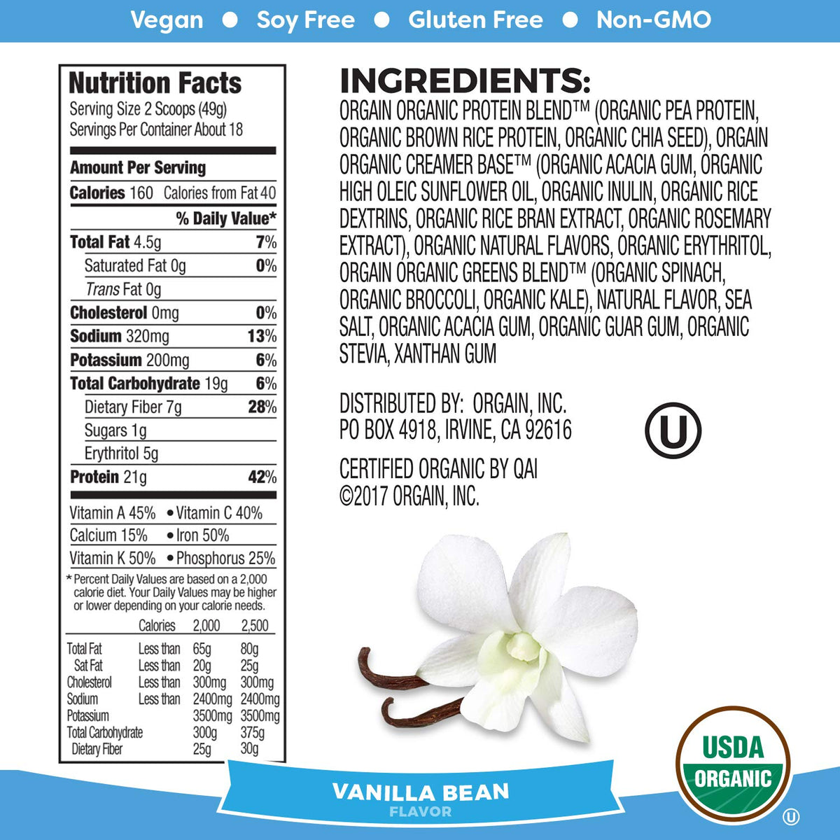 Organic Vegan Protein Powder + Greens, Vanilla Bean, 21g Plant Based Protein, 1.94lb W799493
