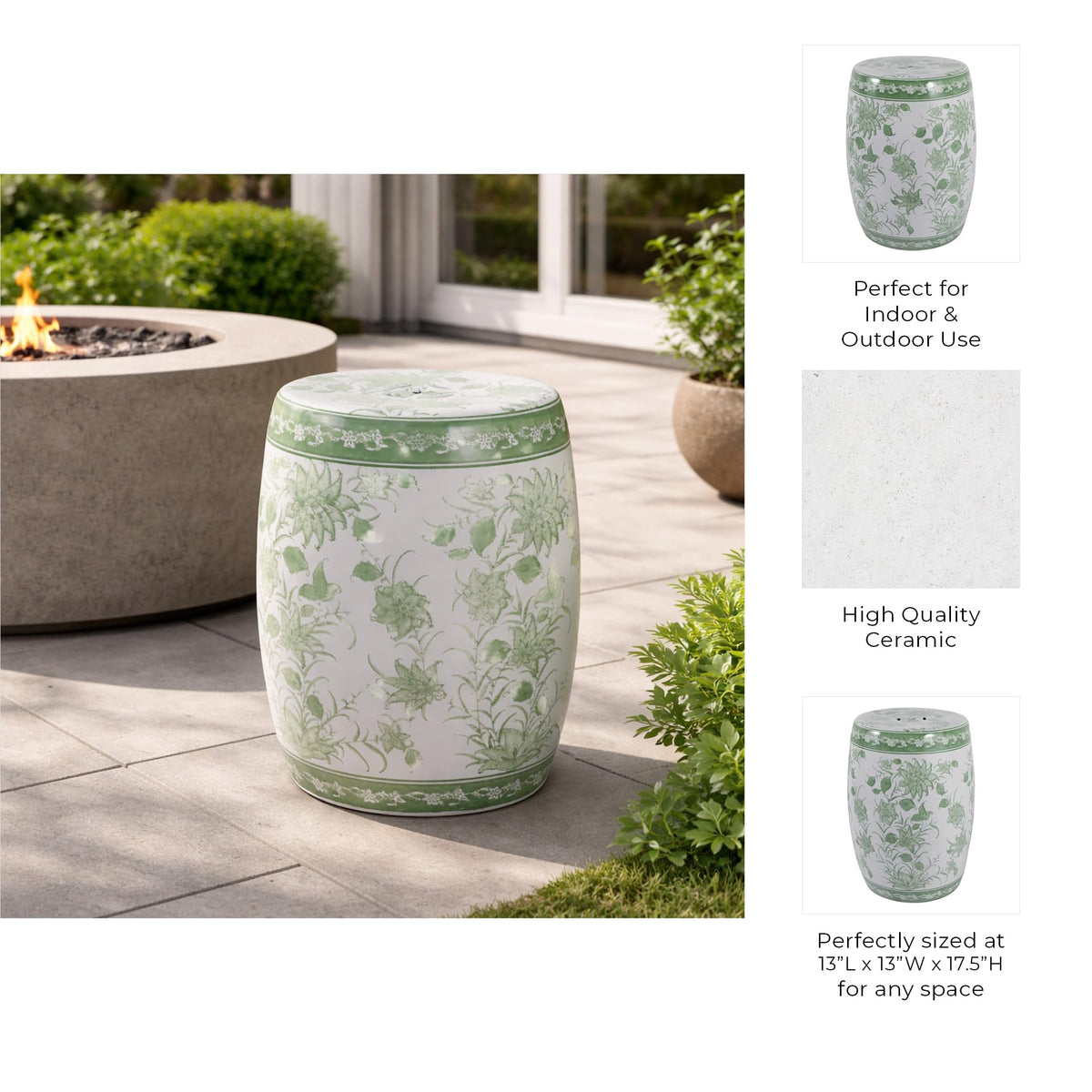 Green & White Chinoiserie Stool H379603
