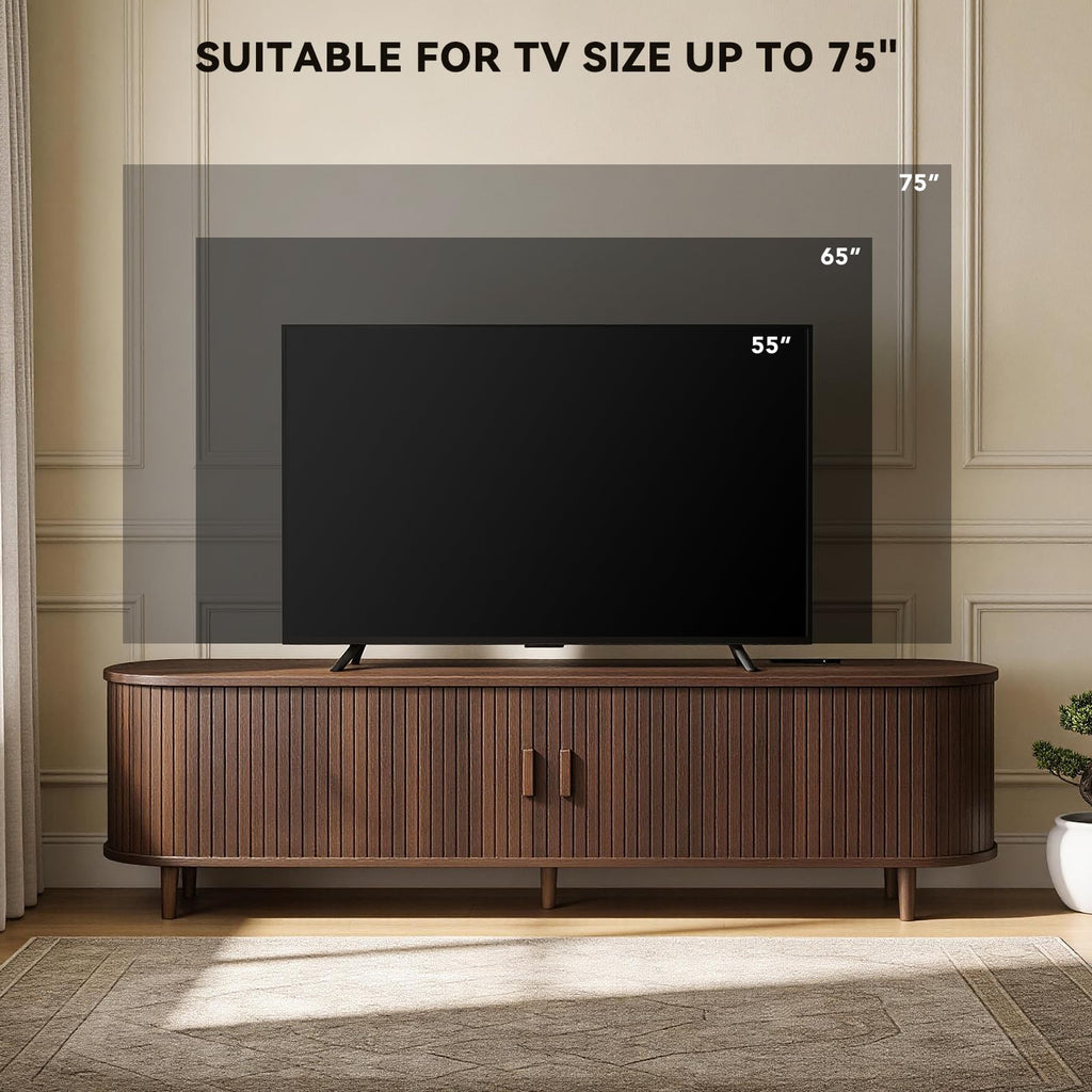 65" Walnut Wood TV Stand with Power Outlet and Sliding Doors B2468