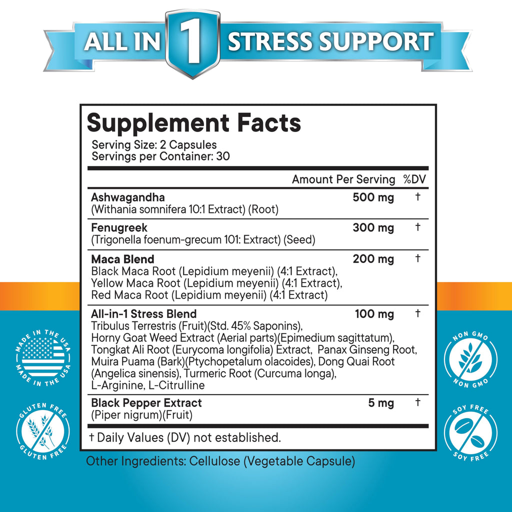Ashwagandha Maca Root Fenugreek Tongkat Ali Ginseng 120 Count Supplement G786
