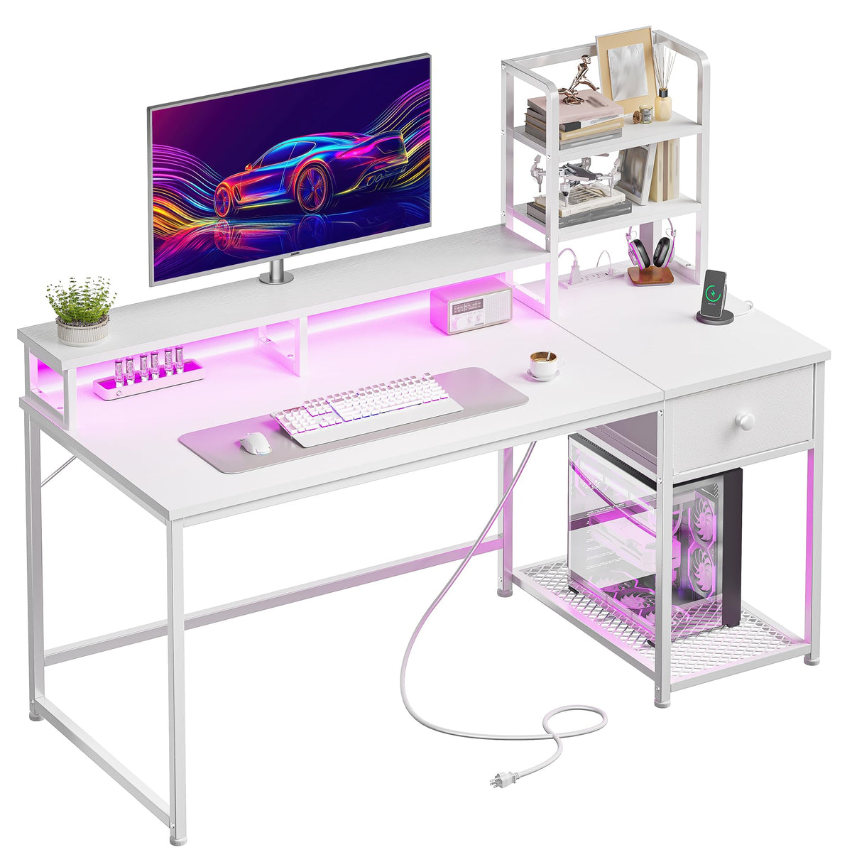 44" White Gaming Desk with Hutch & Shelves S135
