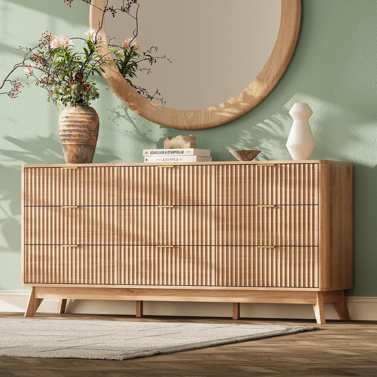 63" Wide Fluted 9 Drawers Oak Dresser P334761