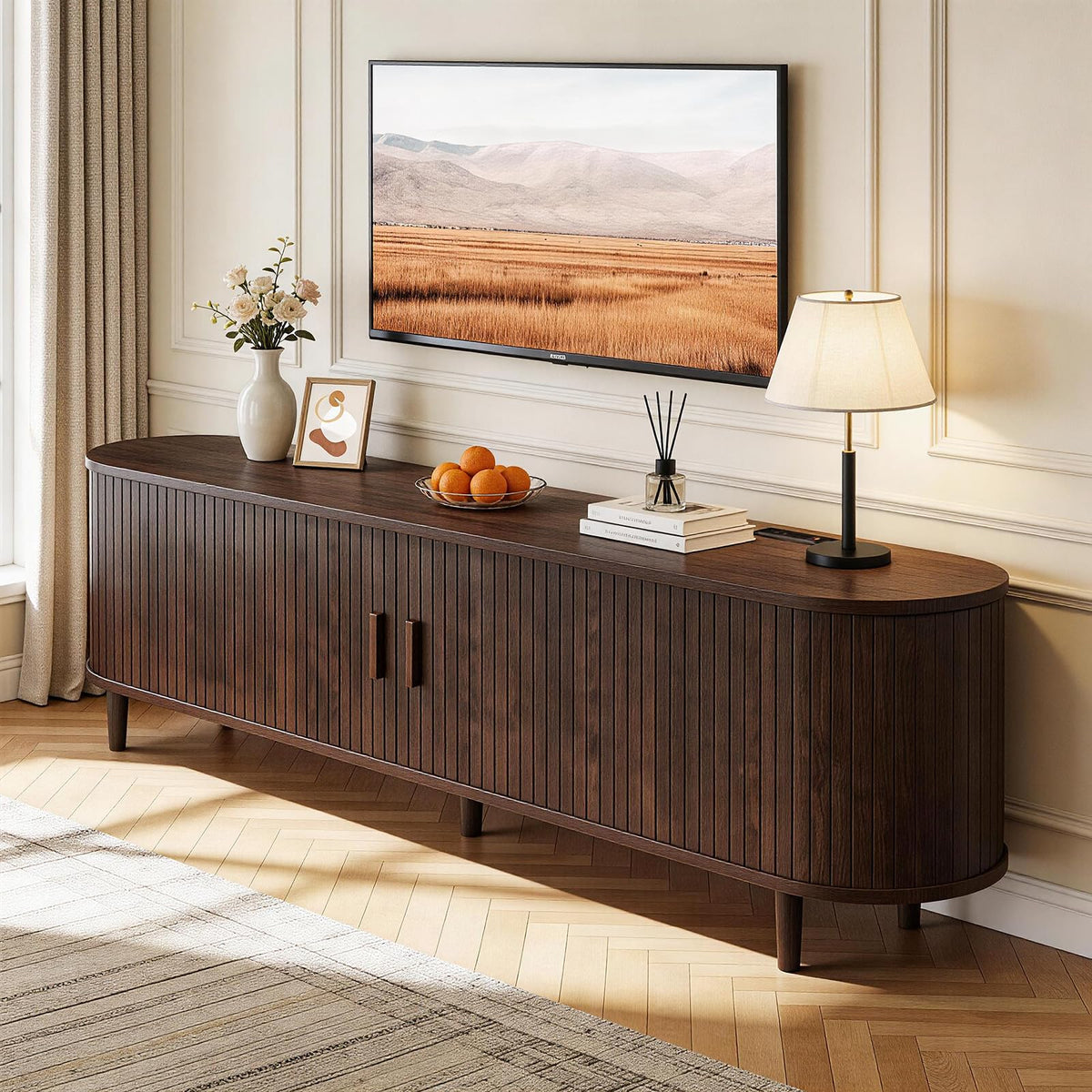 65" Walnut Wood TV Stand with Power Outlet and Sliding Doors B2468