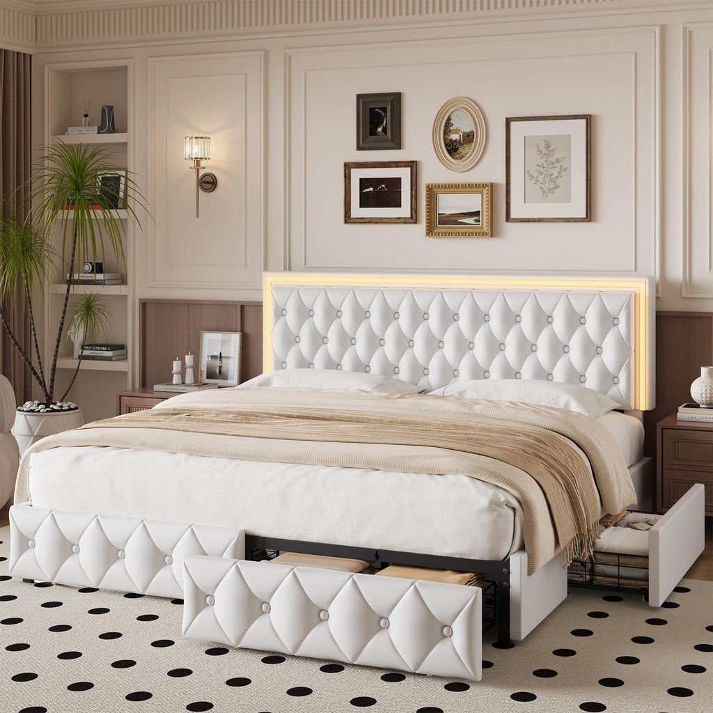White Full Size LED Bed Frame with 4 Storage Drawers and Adjustable Headboard J206142