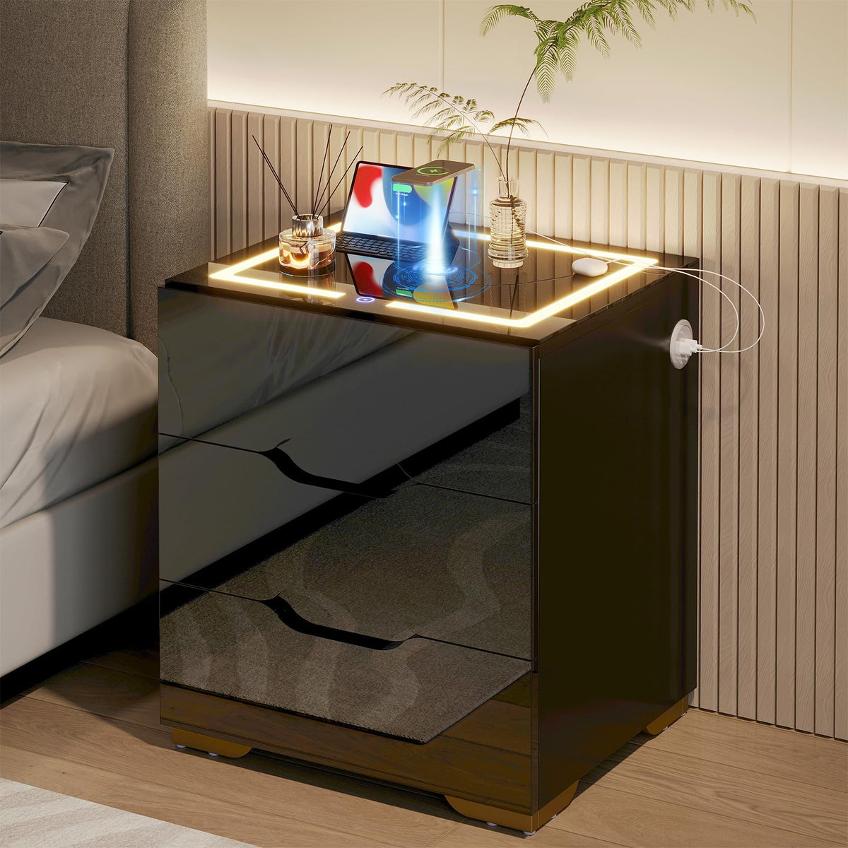 LED Nightstand with Wireless Charging Station 3 Drawers A511391