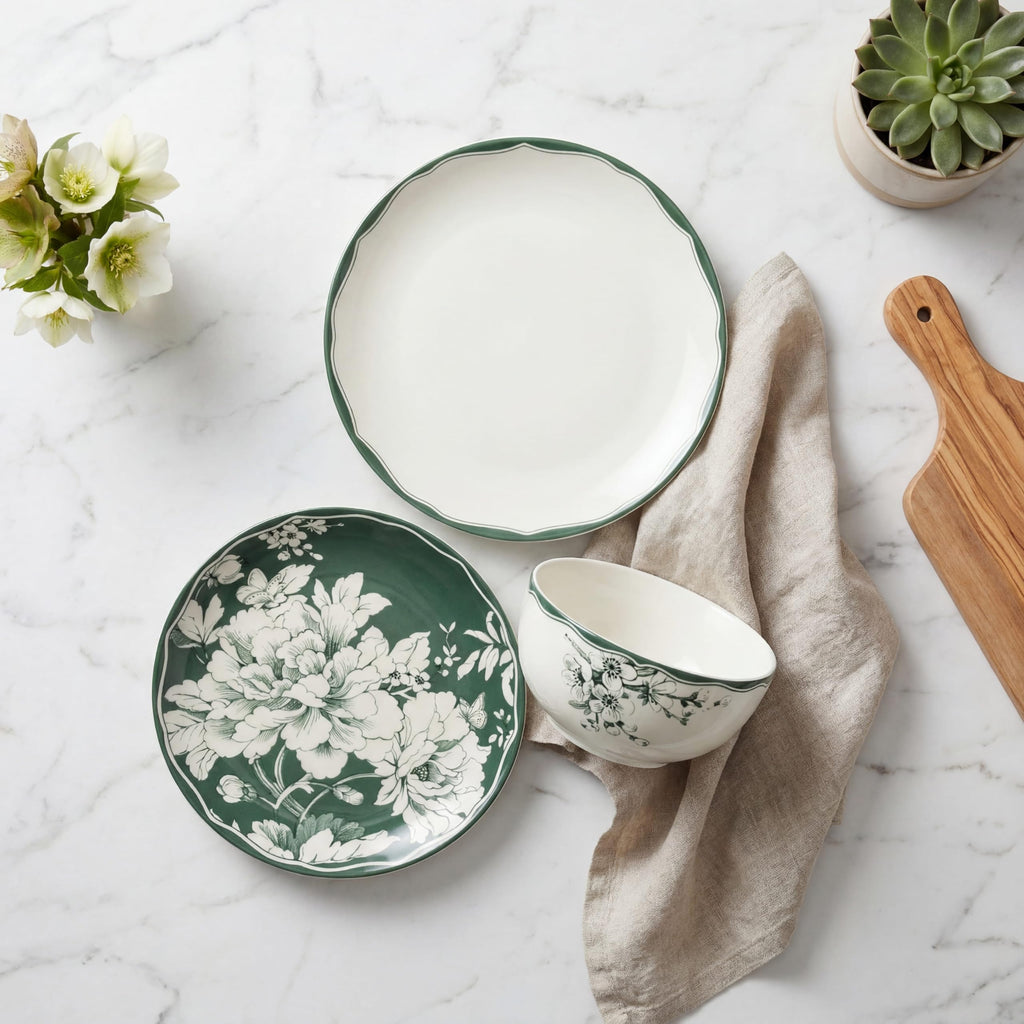 12-Piece Porcelain Dinnerware Set for 4, White & Sage Green Plates and Bowls Set S302