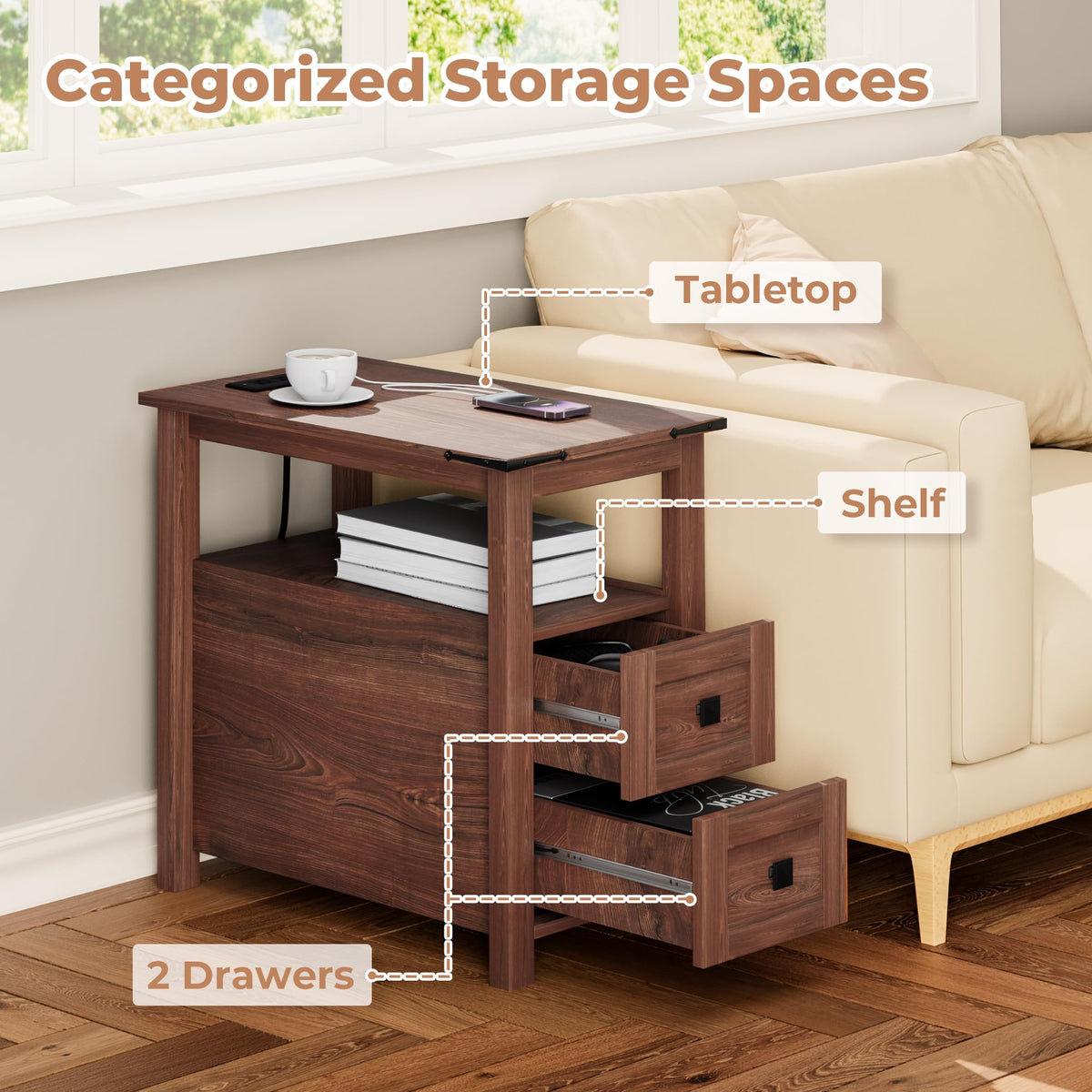 Cherry Wood End Table with Charging Station and 2 Storage Drawers D385