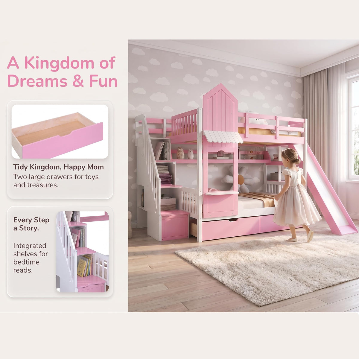 Twin Over Twin Bunk Bed with Slide, 2 Drawers & 3 Shelves I23749