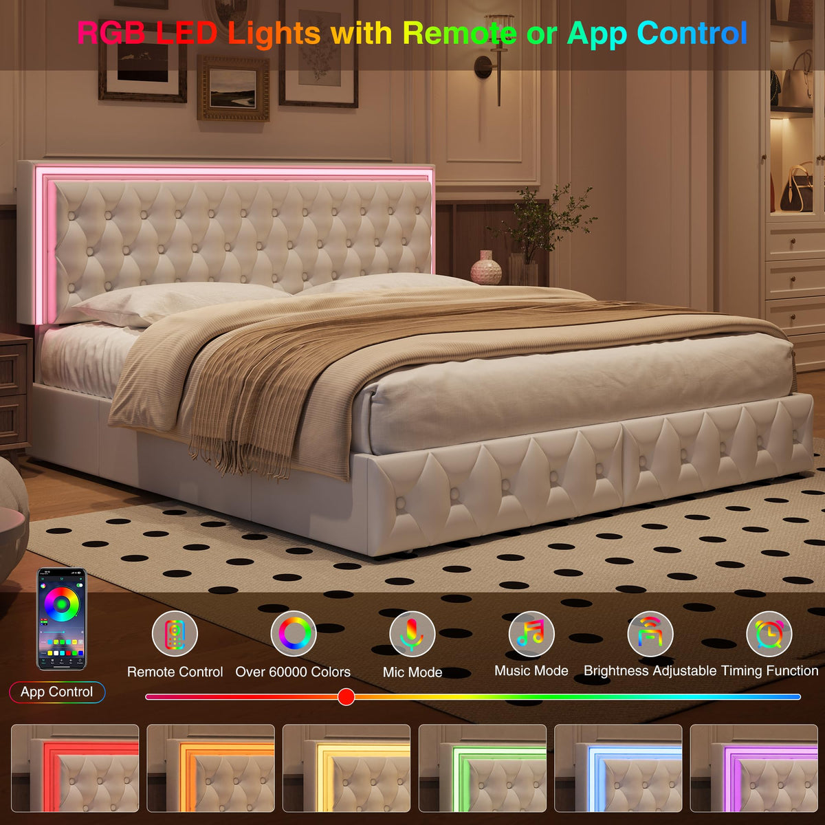 White Full Size LED Bed Frame with 4 Storage Drawers and Adjustable Headboard J206142