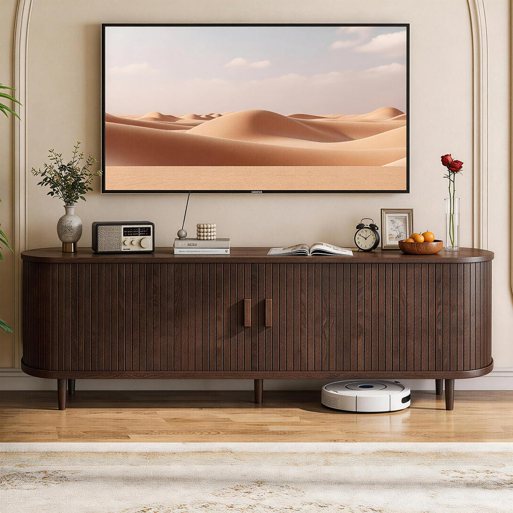 65" Walnut Wood TV Stand with Power Outlet and Sliding Doors B2468