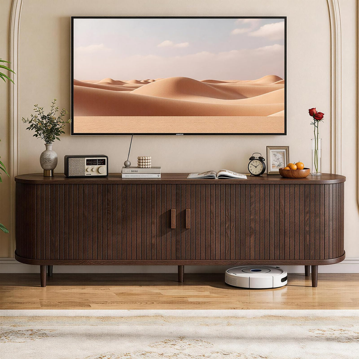 65" Walnut Wood TV Stand with Power Outlet and Sliding Doors B2468