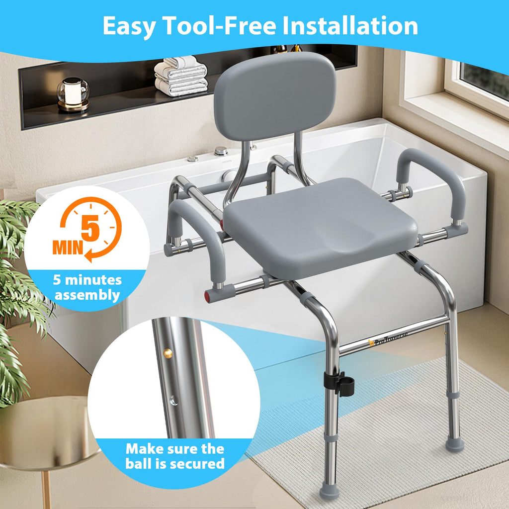 Sliding Shower Chair Tub Transfer Bench with Swivel Seat, 450lbs, Adjustable Height, Gray Q571889