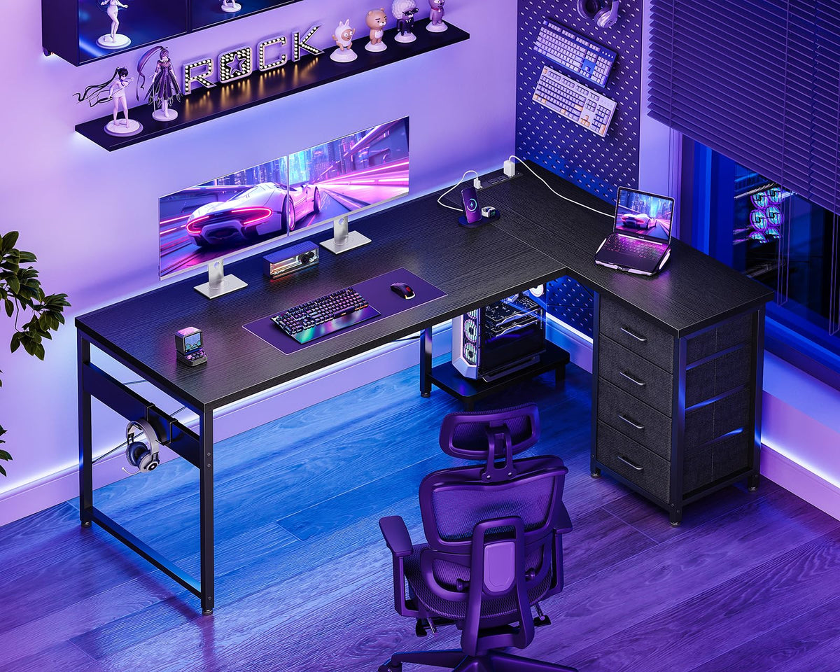 61" L Shaped Gaming Desk with 4 Drawers and Power Outlets, Black D540