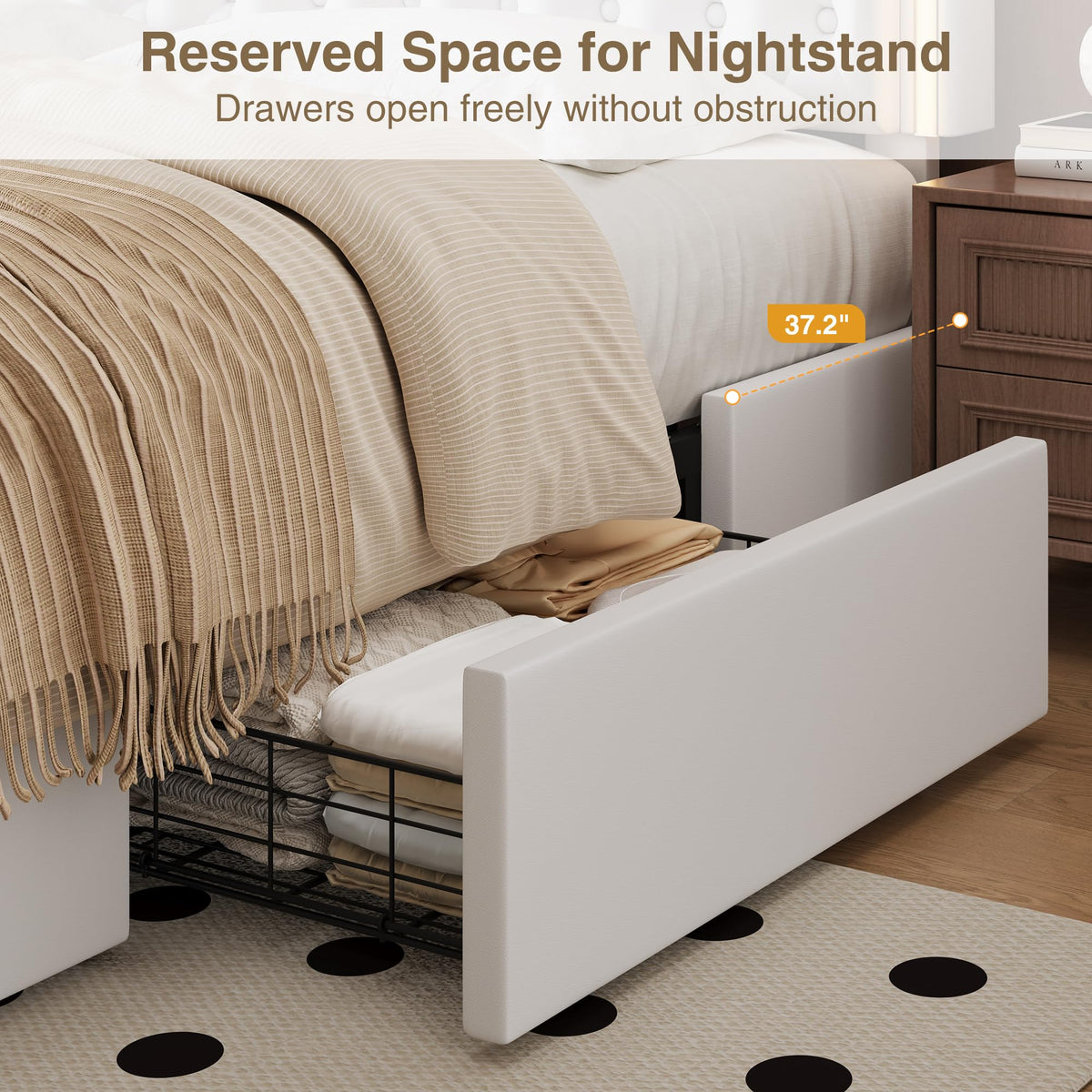 White Full Size LED Bed Frame with 4 Storage Drawers and Adjustable Headboard J206142