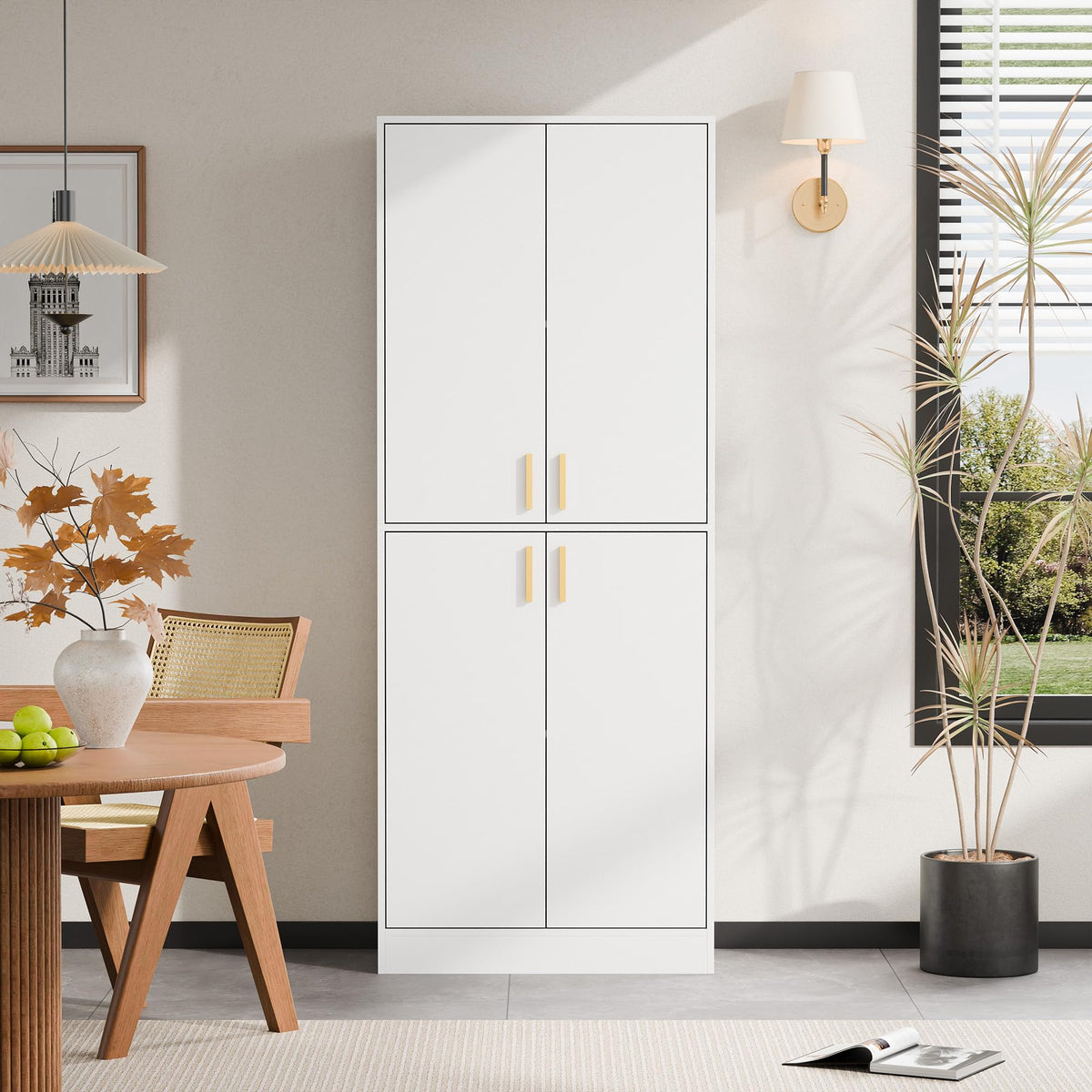 White Wood Storage Cabinet with Doors and Shelves T330