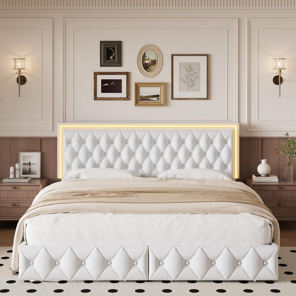 White Full Size LED Bed Frame with 4 Storage Drawers and Adjustable Headboard J206142