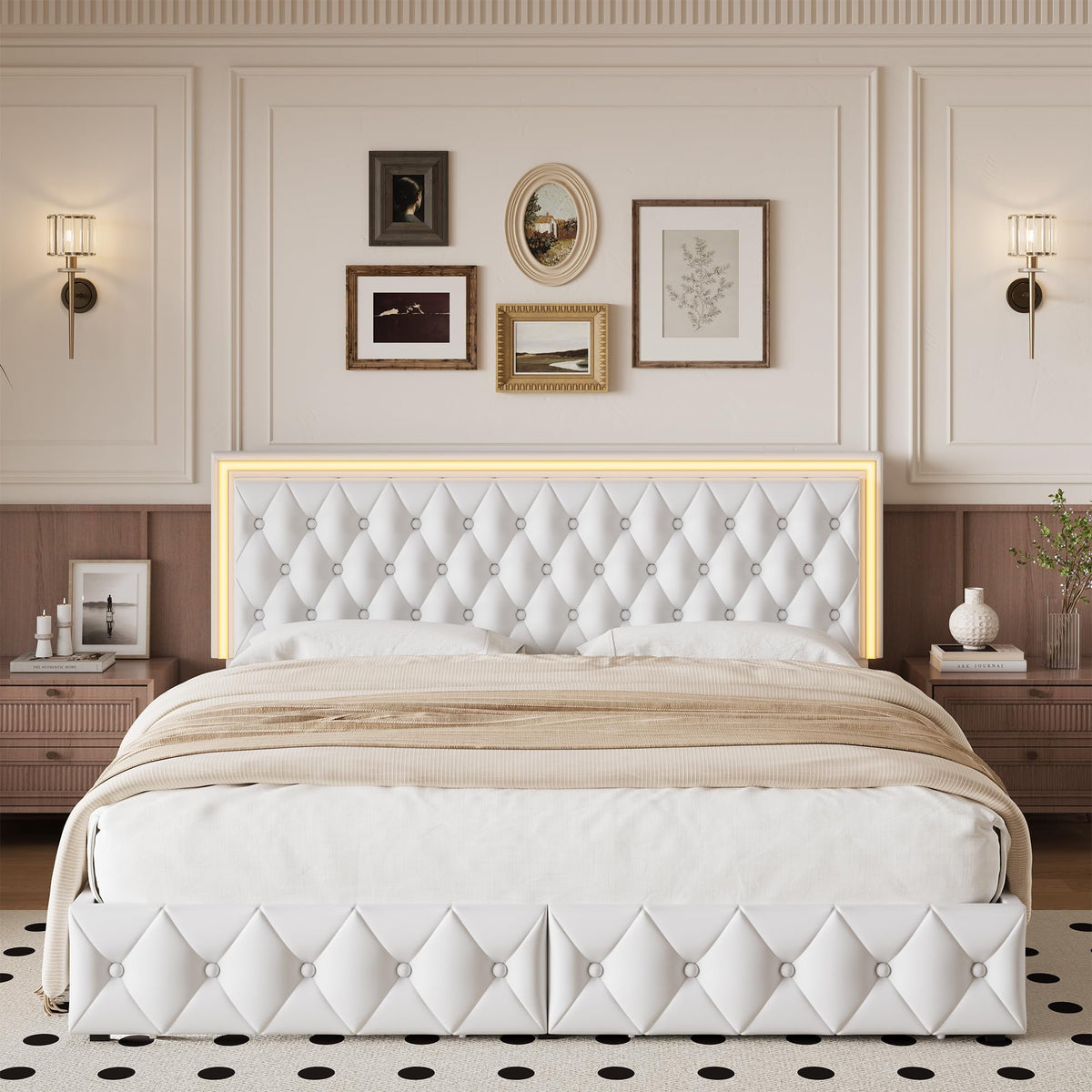 White Full Size LED Bed Frame with 4 Storage Drawers and Adjustable Headboard J206142