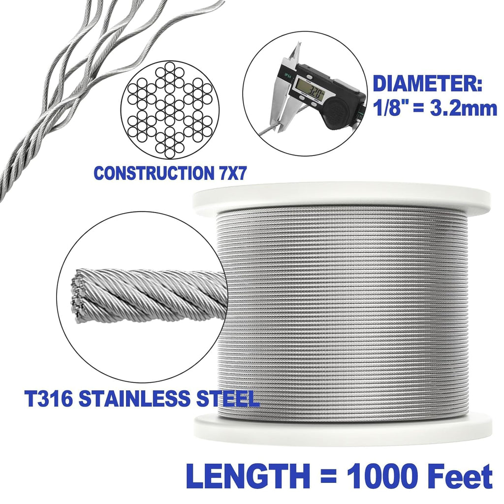 1/8" Stainless Steel Wire Rope Cable 7x7 Strands A85452