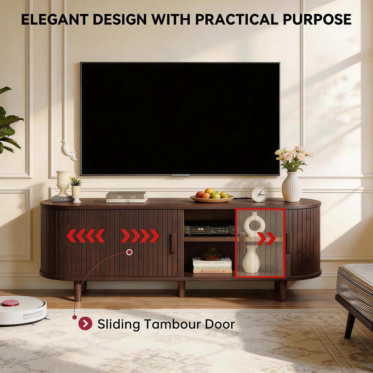 65" Walnut Wood TV Stand with Power Outlet and Sliding Doors B2468
