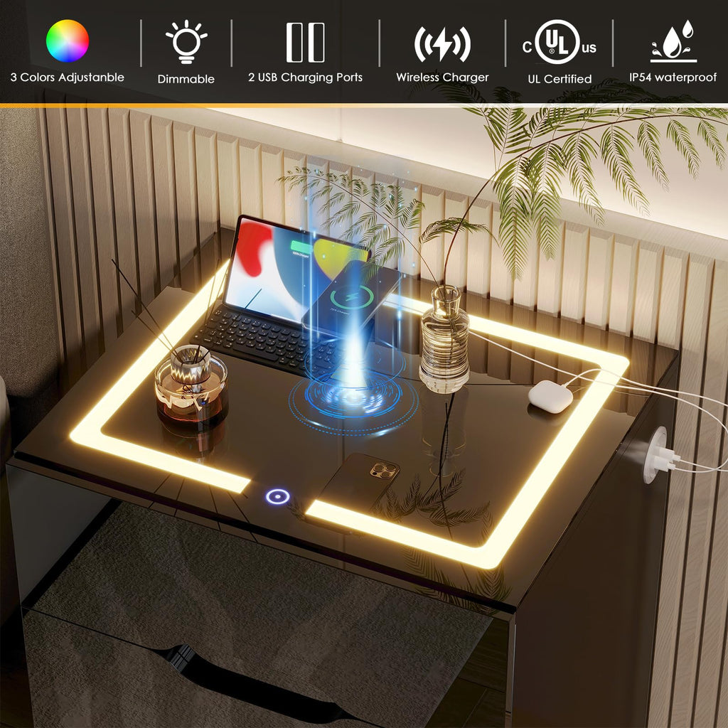 LED Nightstand with Wireless Charging Station 3 Drawers A511391