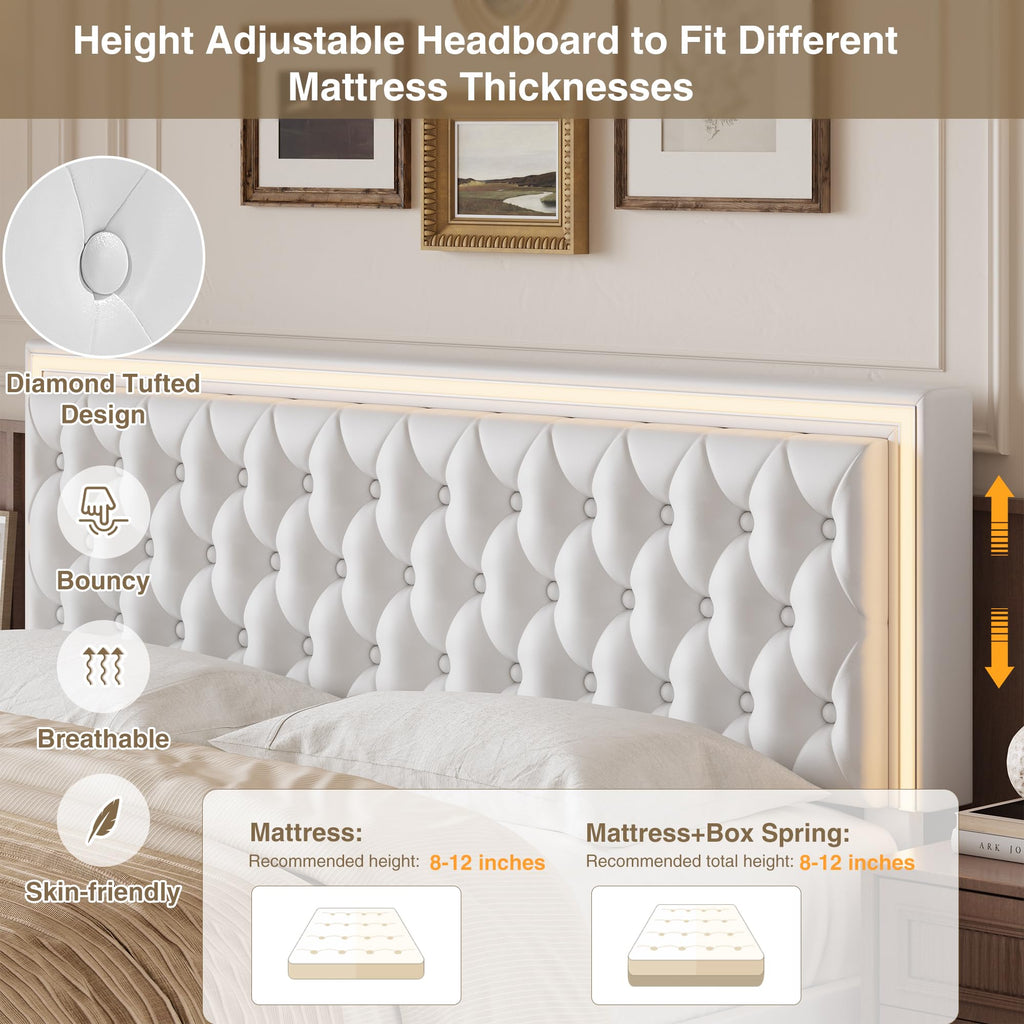 White Full Size LED Bed Frame with 4 Storage Drawers and Adjustable Headboard J206142