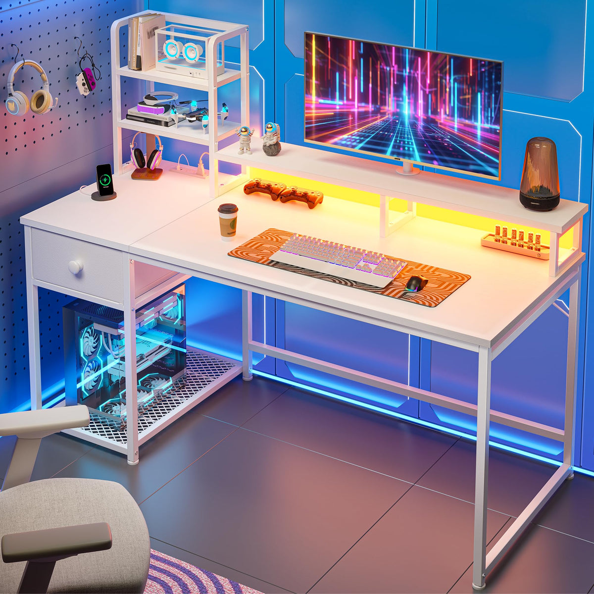 44" White Gaming Desk with Hutch & Shelves S135