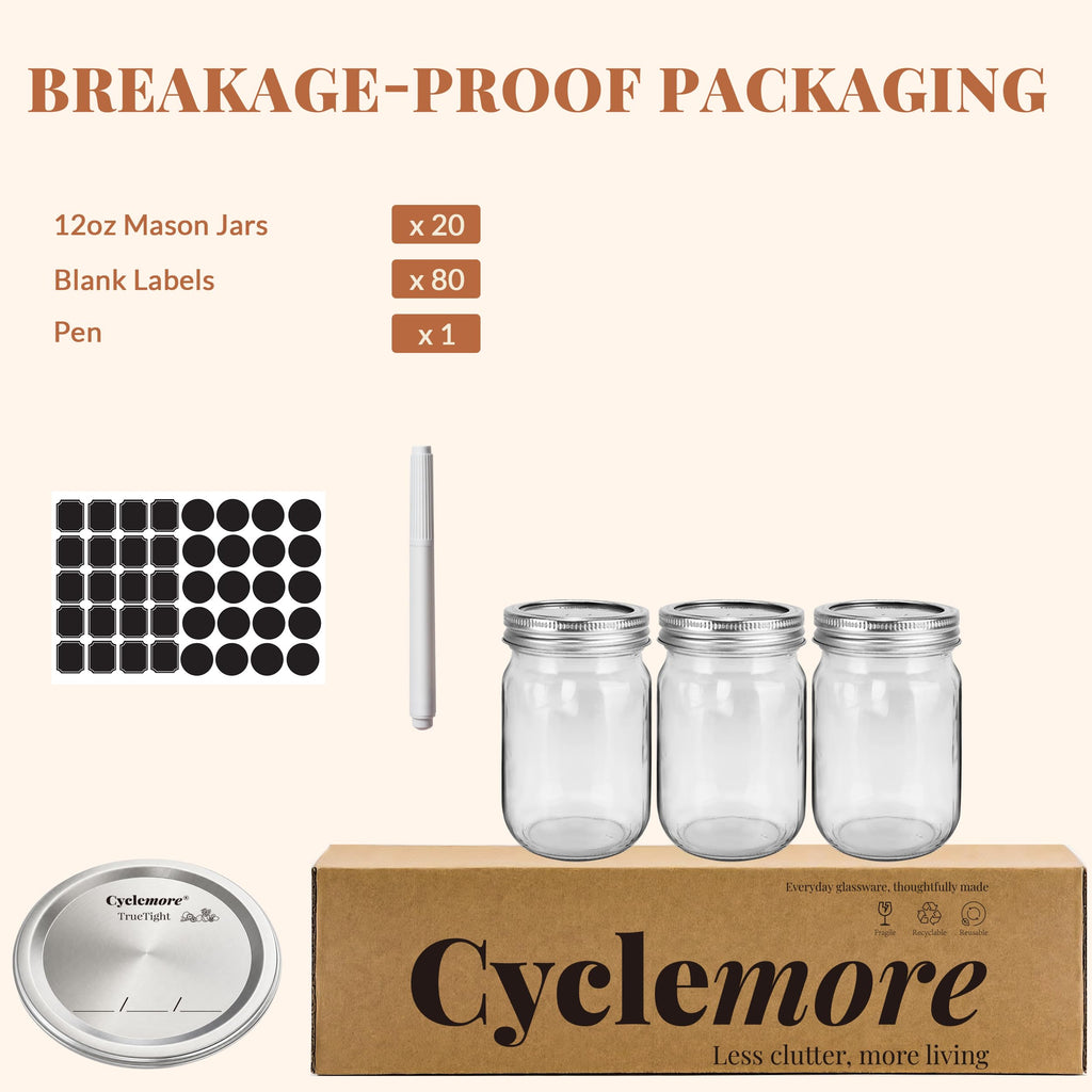 20 Pcs 12oz Glass Mason Jars With Lids K3794